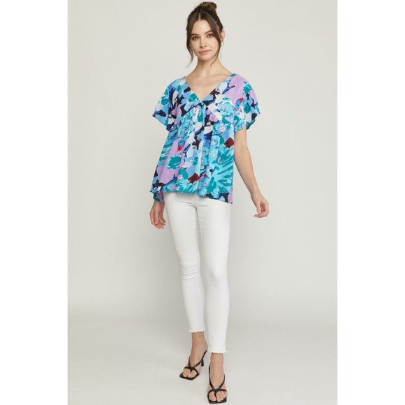 Entro Floral Ruffle Sleeve Top, Blue - Picture 5 of 7